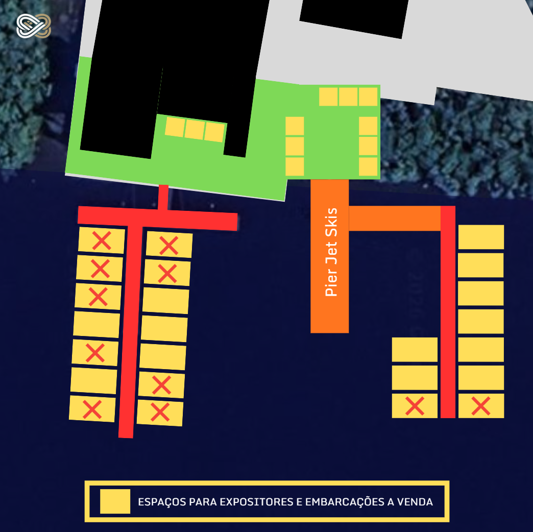Mapa da disposição dos espaços do Feirão Náutico Pier Club, com píeres, área de jet skis e vagas para embarcações